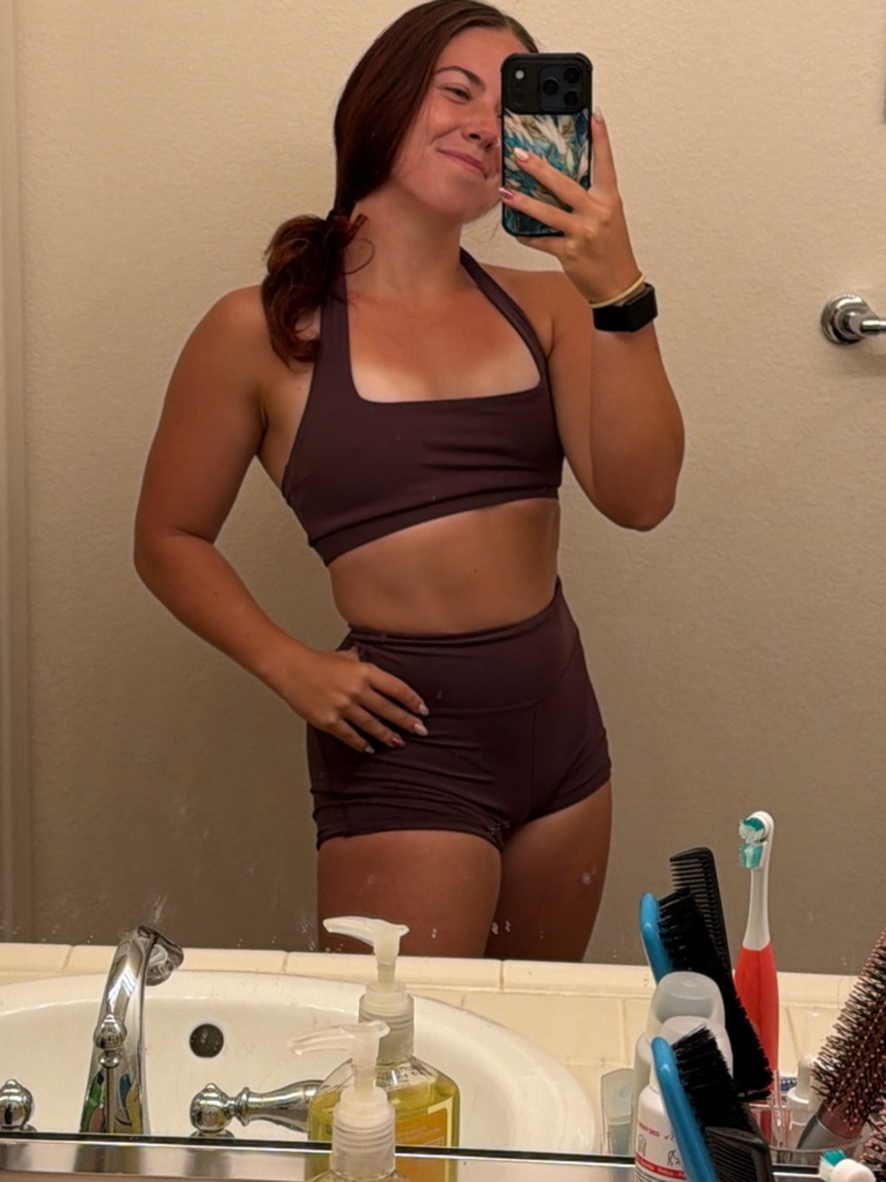 High-Waisted Two-Piece Athletic Set - Dark Brown